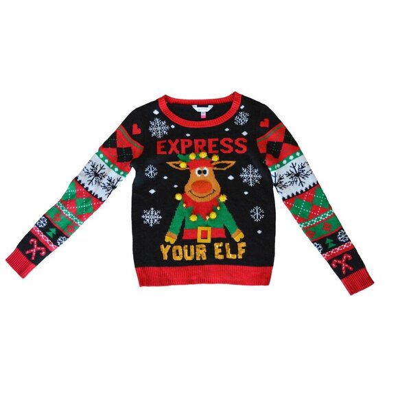 No Boundaries Express Your Elf 3D Holiday Sweater Black Red Green Juniors Small - Picture 1 of 6
